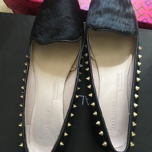 Black cow hair gold studded flats